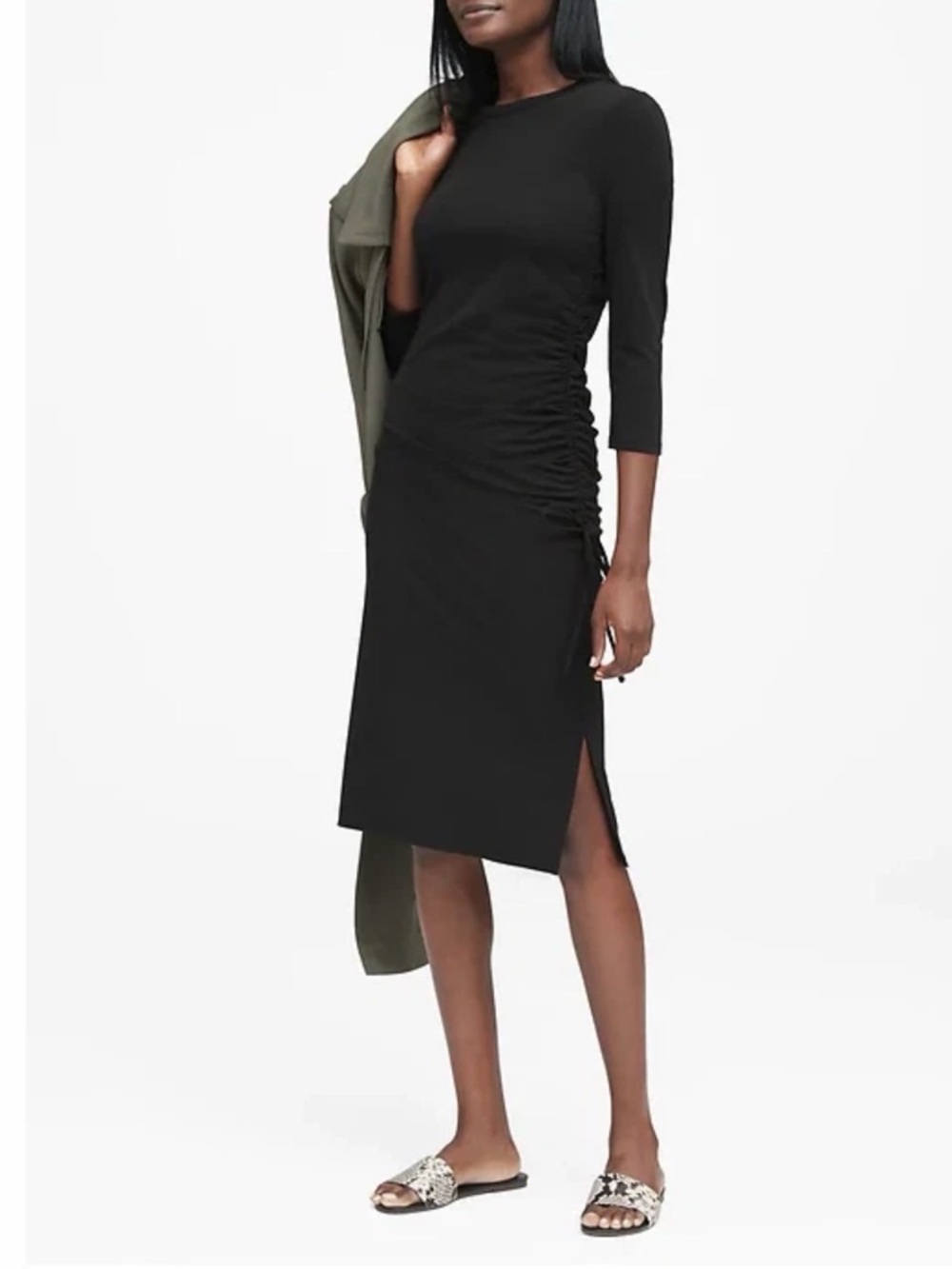 NEW Banana Republic Soft Ponte Side-Ruched Black Midi Dress Size XL